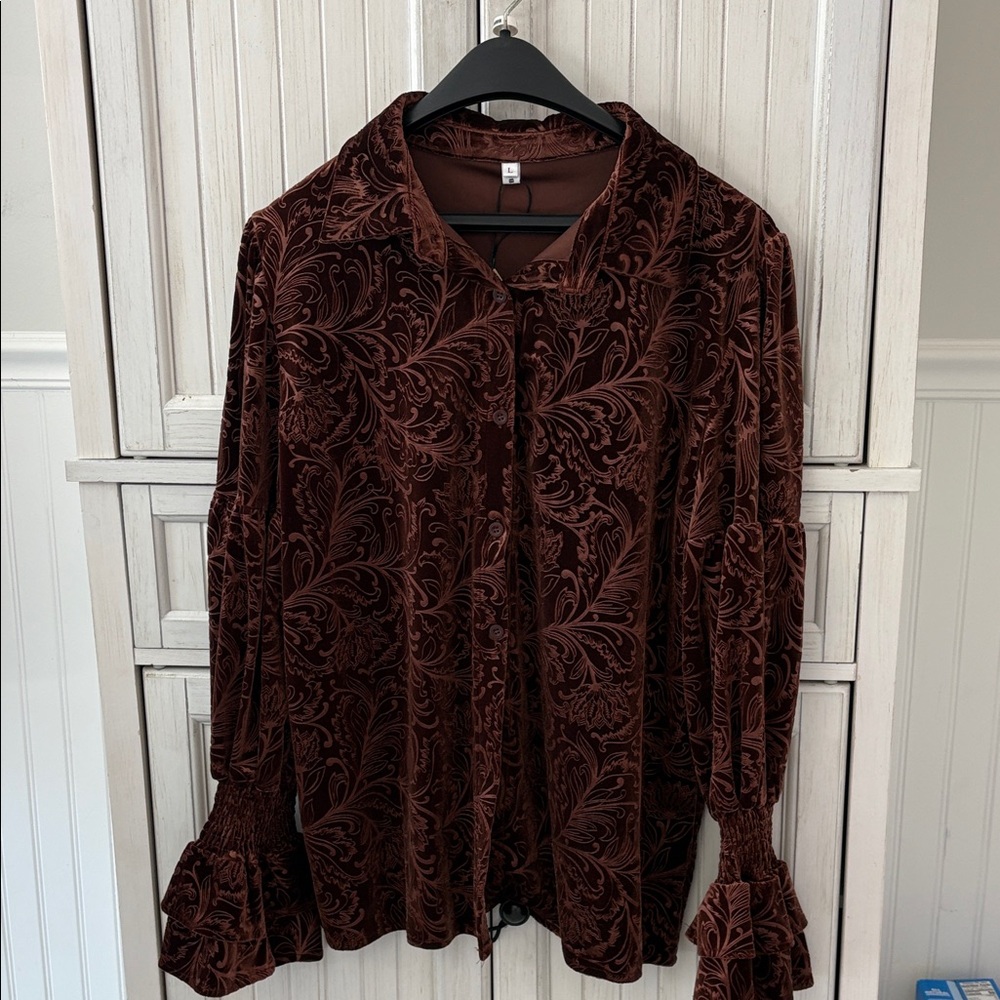Luxurious Velvet Paisley Blouse in Deep Brown